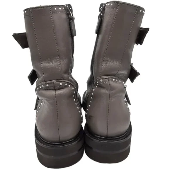 Stuart Weitzman Gray Jesse Lift Pearl Studded Leather Combat Boots SZ 7.5